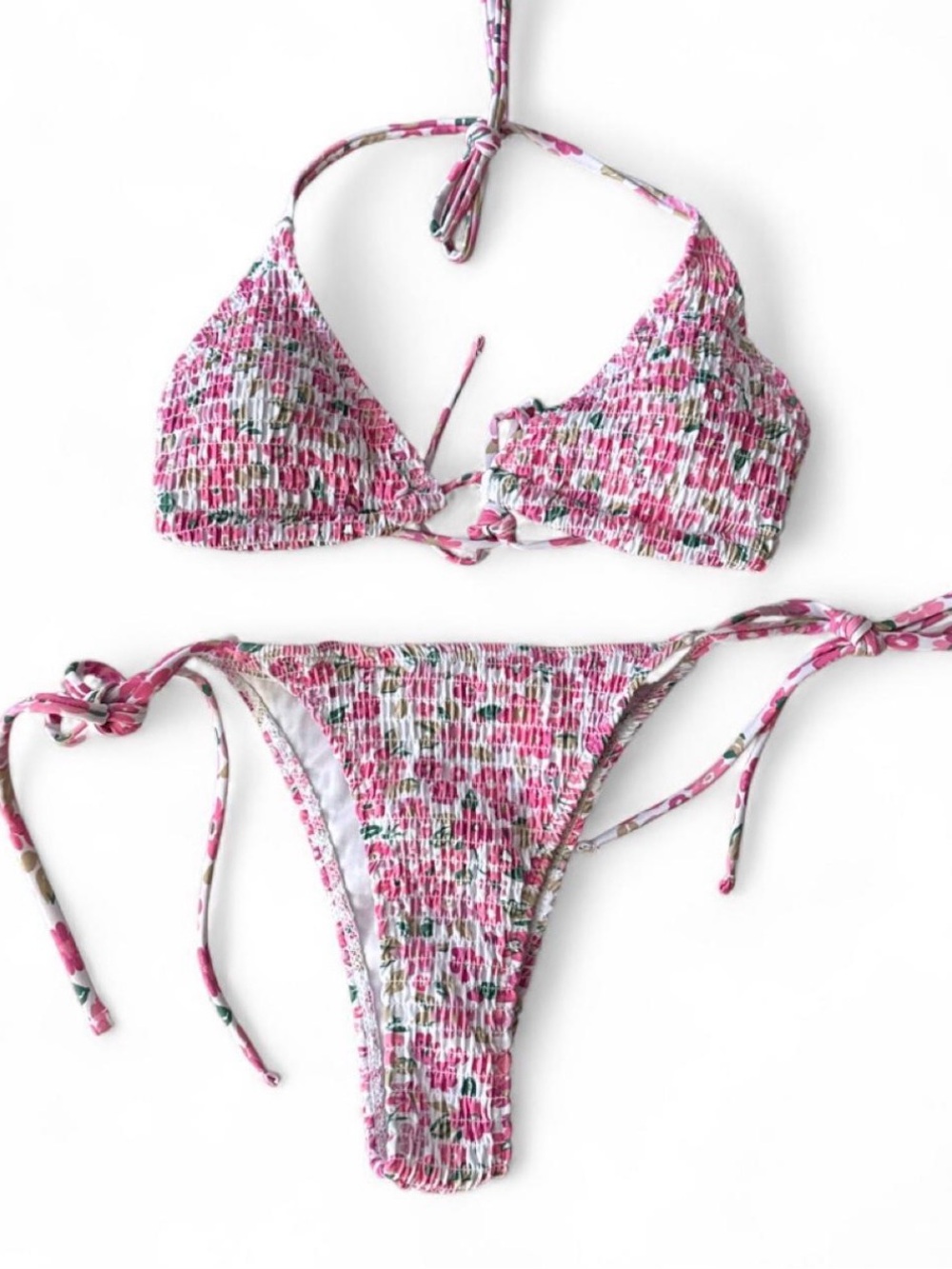 Pink Floral Smocked Tie-Side Bikini  Swim